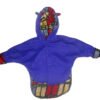 Baby jacket laid flat with open sleeves showing wax-fabric cuffs and hood lining, purple fleece body.
