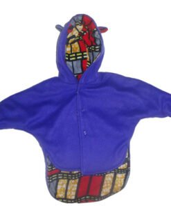 Baby jacket laid flat with open sleeves showing wax-fabric cuffs and hood lining, purple fleece body.