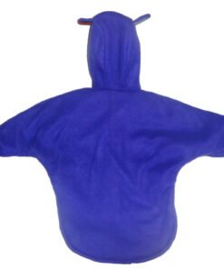 Back view of a purple baby jacket with hood and African wax fabric accents, handmade by AfriBloom