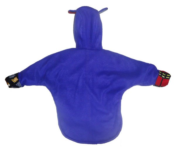 Back view of a purple baby jacket with hood and African wax fabric accents, handmade by AfriBloom