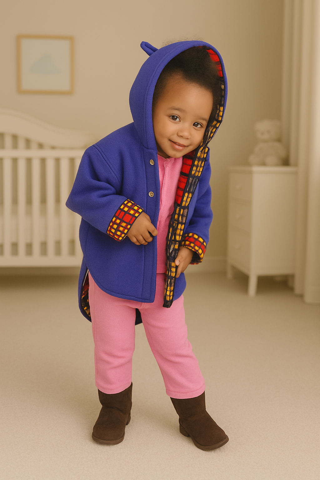 Back view of a purple baby jacket with hood and African wax fabric accents, handmade by AfriBloom