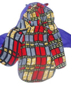 Baby hooded jacket with colourful African wax front panel and purple fleece arms, handmade in Belgium.