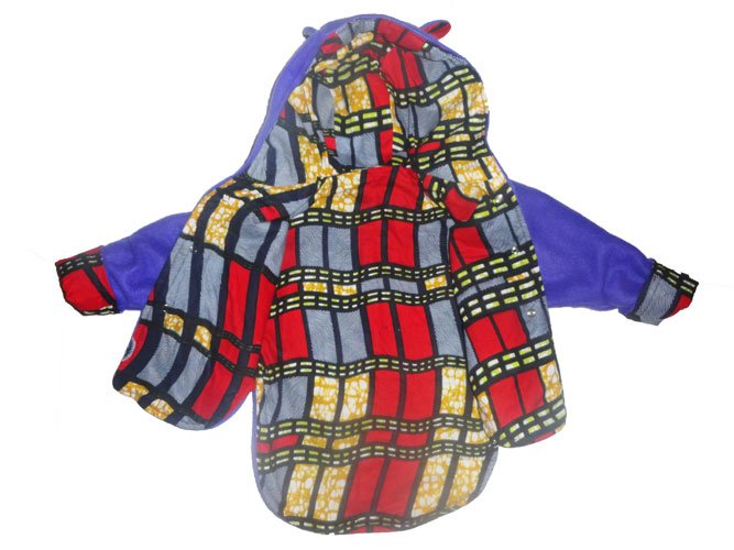 Baby hooded jacket with colourful African wax front panel and purple fleece arms, handmade in Belgium.