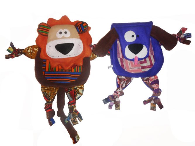 Handmade baby comfort toys – lion and dog plush blankies with African wax accents