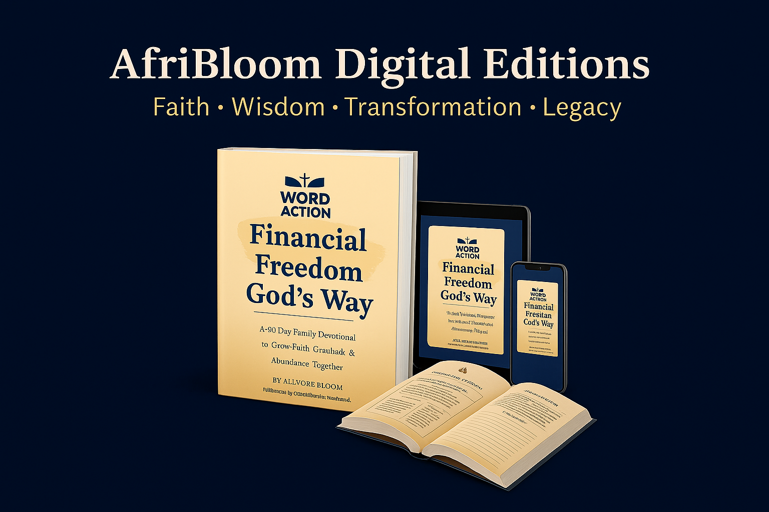 AfriBloom Digital Editions banner featuring the book Financial Freedom God’s Way on book, tablet, and mobile, faith-based guides for wisdom, abundance, and legacy