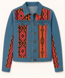 African print denim jacket with orange and pink wax panels.