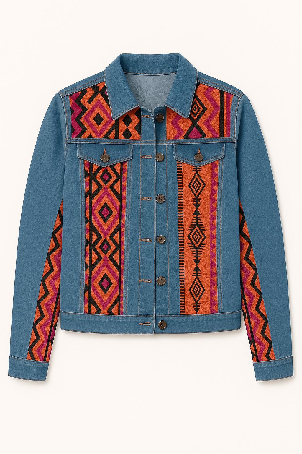 African print denim jacket with orange and pink wax panels.