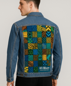 AfriBloom denim jacket with blue and green African patchwork print – men’s style