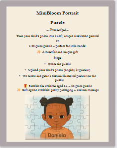 Personalised kids’ puzzle with reference photo card, MiniBloom illustrated portrait style.