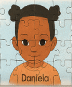 Personalised kids’ puzzle with reference photo card, MiniBloom illustrated portrait style.