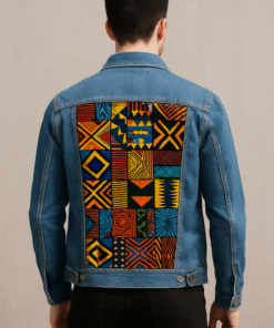 AfriBloom denim jacket with warm-toned Afro geometric patchwork design – men’s style