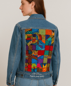 AfriBloom denim jacket with vibrant multicolor Afro-inspired patchwork panel – women’s style