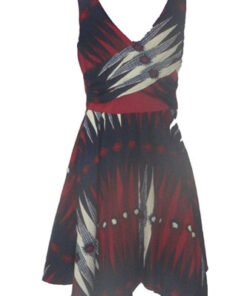 Front view of handmade Afro-fusion handkerchief dress with wrap bodice and red-black wax pattern – AfriBloom
