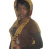 AfriBloom hooded cape front view in wax fabric African wax cape with extended hood – side view Handmade Afro-fusion cape – model wearing brown and gold wax