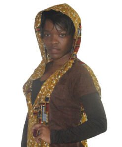 AfriBloom hooded cape front view in wax fabric African wax cape with extended hood – side view Handmade Afro-fusion cape – model wearing brown and gold wax