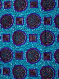 African wax fabric – blue background with dark circular and square motifs