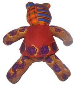 Full back view of AfriBloom handmade baby bear plush toy in African wax fabric, soft teddy bear for babies and toddlers, ethically made in Belgium