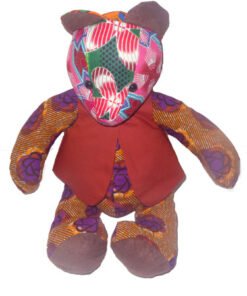 Handmade African wax baby bear plush toy by AfriBloom, soft fabric teddy bear for babies and toddlers, ethical gift made in Belgium