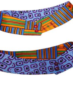 Reversible African print waist belt with vibrant wax fabric, shown styled over a fitted black dress and blazer.
