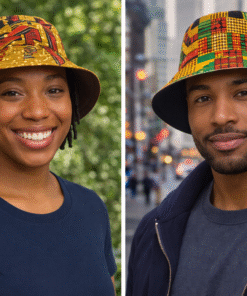 Reversible African wax bucket hat worn by a woman and a man, unisex handmade bucket hat with colorful African print