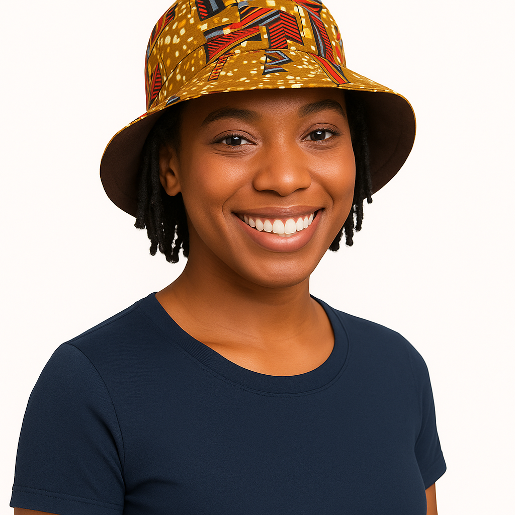 Reversible African wax bucket hat for women, handmade unisex bucket hat styled for summer with vibrant African print