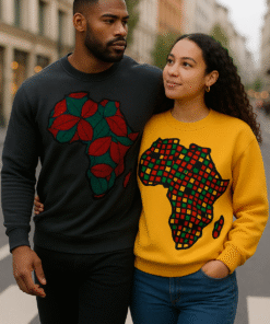 Matching couple wearing African print Africa appliqué sweaters – Afro-fusion couple fashion by AfriBloom