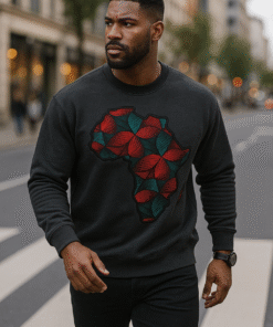 Men wearing dark grey sweatshirt with African print Africa appliqué – Afro-inspired fashion by AfriBloom