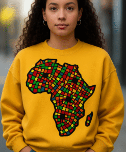 Woman wearing yellow African print sweater with Africa appliqué – Afro-fusion fashion by AfriBloom