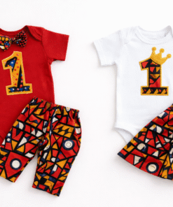 African print first birthday outfit for baby – onesie with number 1, bow tie and matching skirt