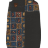 AfriBloom baby sleeping bag 0–12 months in dark grey with blue-and-gold African wax print panels and embroidered teddy detail.