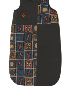 AfriBloom baby sleeping bag 0–12 months in dark grey with blue-and-gold African wax print panels and embroidered teddy detail.