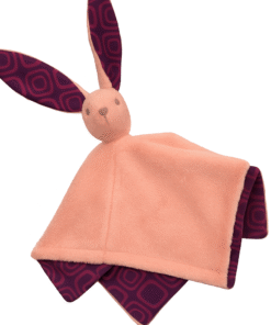 Peach fleece bunny baby blanky with burgundy African print ears and lining, AfriBloom handmade baby comfort toy