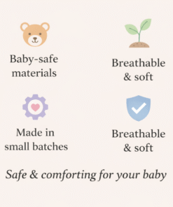 Handmade baby nursery set detail showing stitching and wax fabric bias, premium craftsmanship made in Belgium