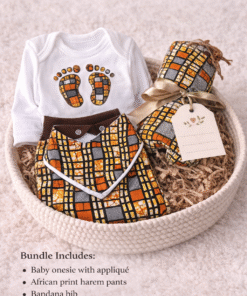 Handmade African baby gift bundle with onesie, harem pants, matching bandana bib and stuffed hippo toy – AfriBloom baby outfit set