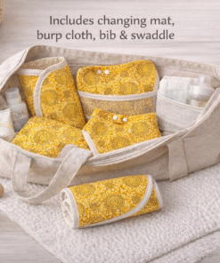 Hospital bag starter set packed inside a maternity hospital bag