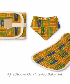 AfriBloom On-The-Go Baby Set with foldable changing mat, bandana bib and burp cloth in matching African wax print