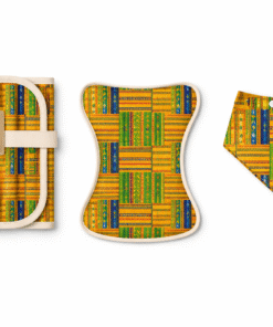 AfriBloom On-The-Go Baby Set contents: foldable changing mat, burp cloth and bandana bib in coordinated wax fabric