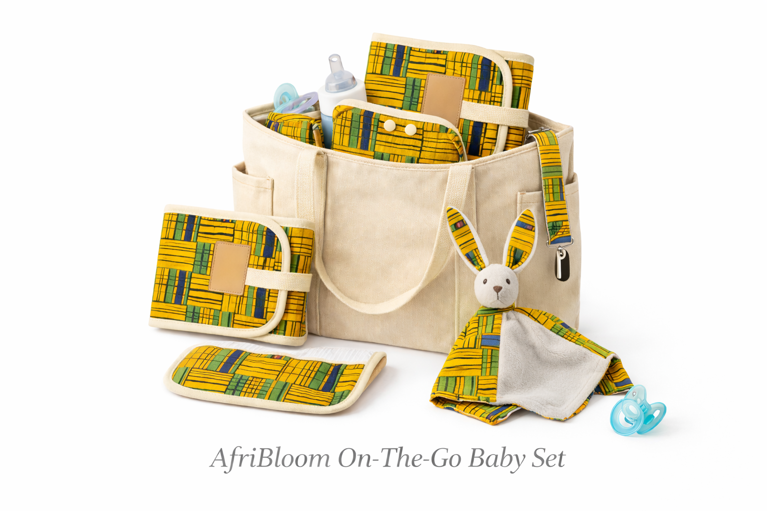 AfriBloom On-The-Go Baby Set packed inside a tote bag, showing compact size and portability