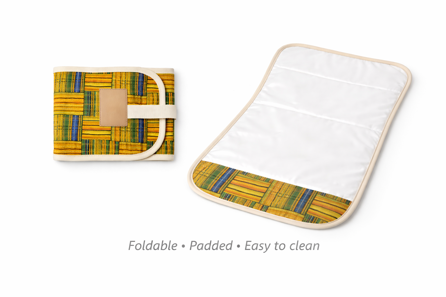 Foldable baby changing mat with waterproof white surface and African wax border, AfriBloom On-The-Go Baby Set