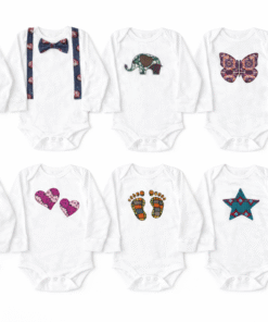 MiniBloom baby onesie collection with African fabric appliqué designs including elephant, butterfly and star