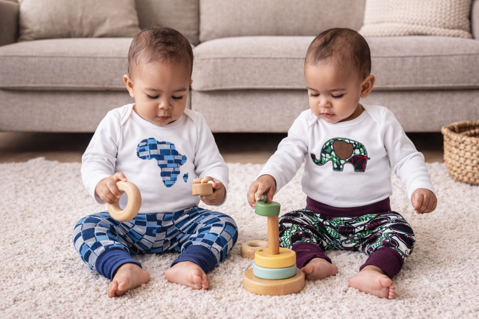 Two babies wearing MiniBloom African appliqué baby outfits, playing on a living room carpet