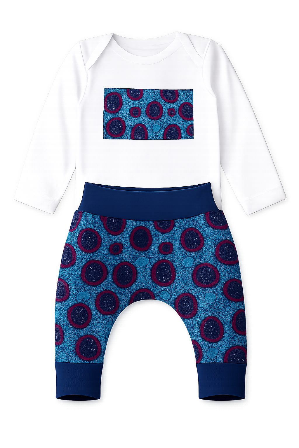 Minimal baby outfit with rectangular wax appliqué and matching harem pants