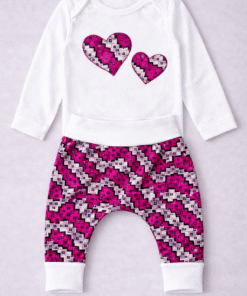 White cotton baby onesie with heart appliqué and wax harem pants set
