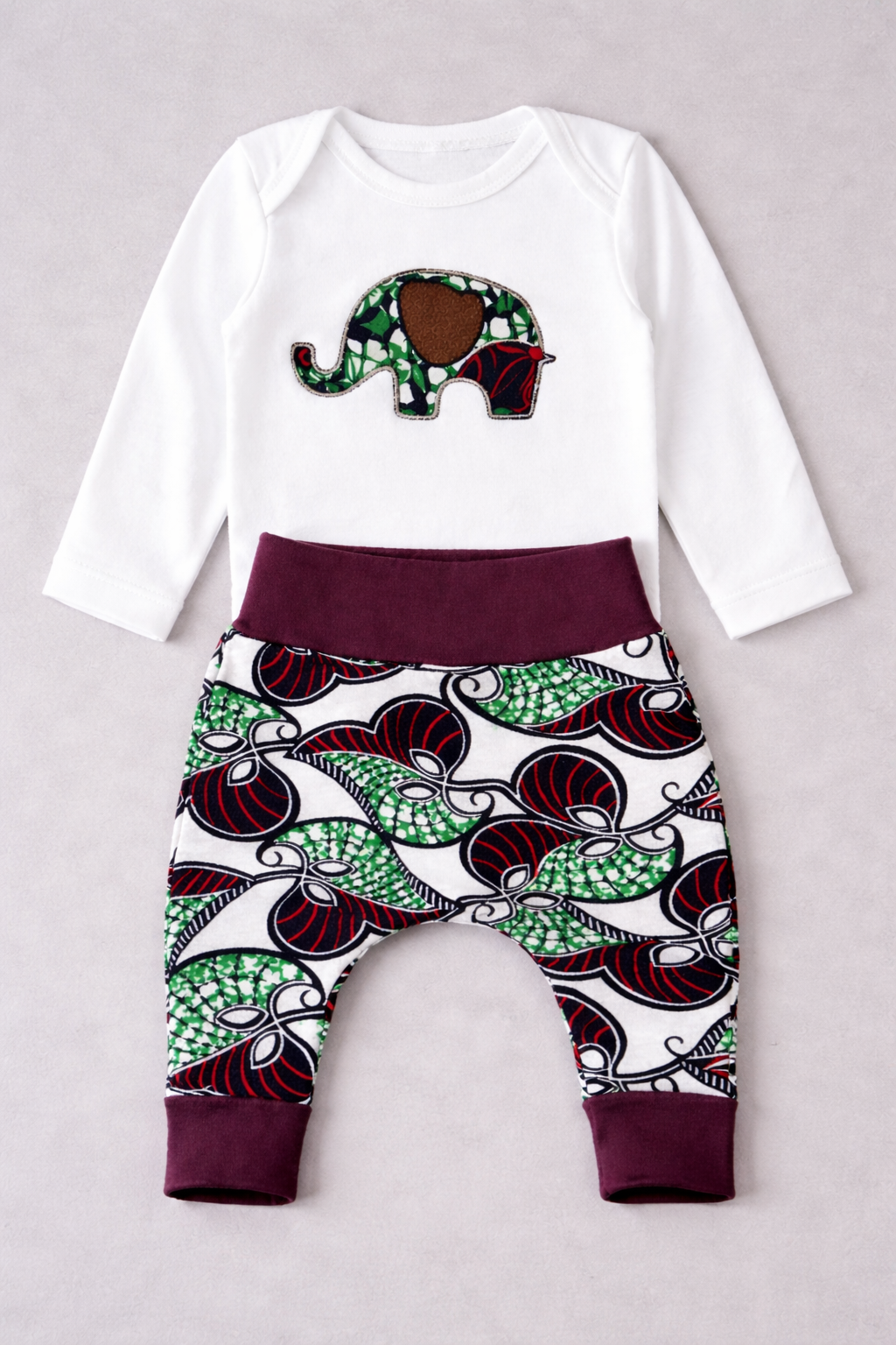 Baby outfit with elephant appliqué onesie and matching African wax harem pants