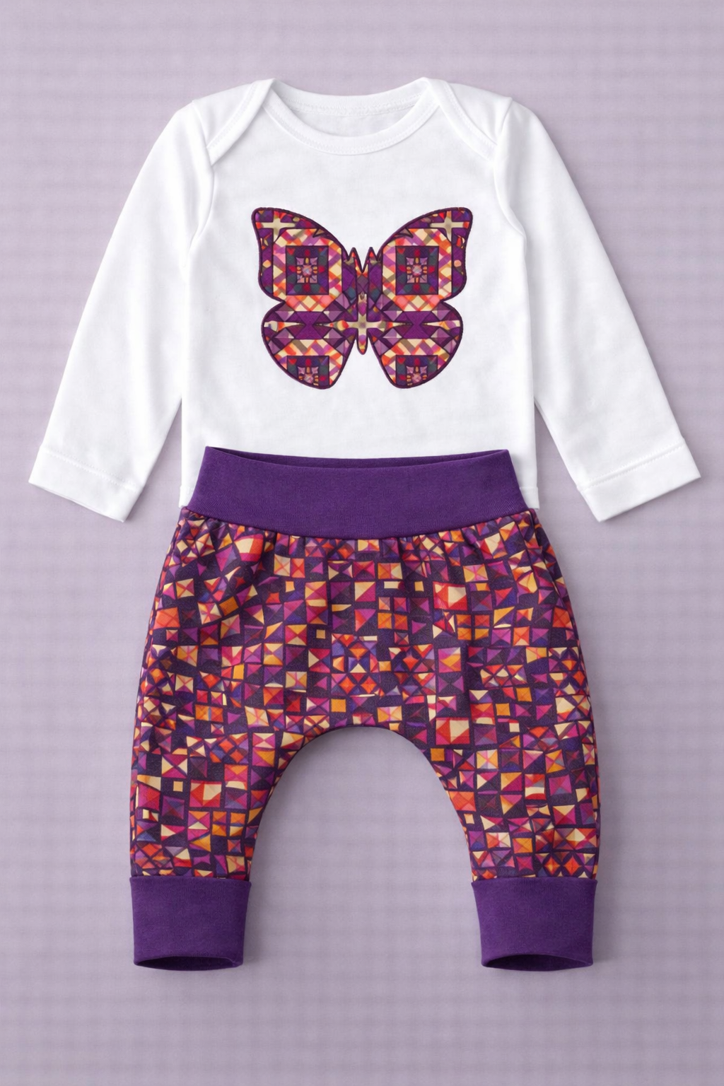 Handmade baby outfit with butterfly wax appliqué and matching harem pants
