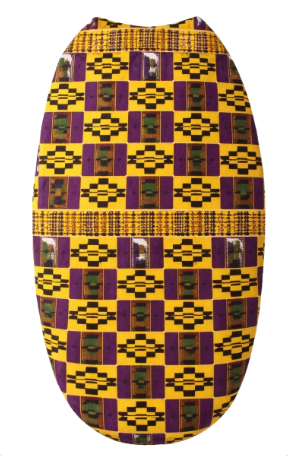 Back view of African print baby swaddle, handmade cotton newborn wrap with kente-inspired pattern