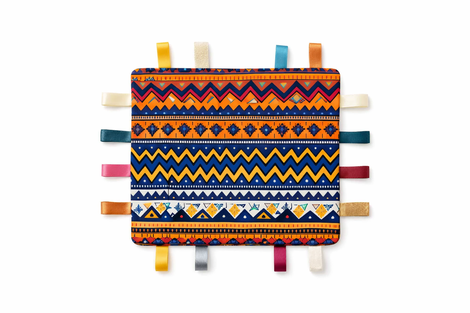 AfriBloom crinkle sensory baby toy laid flat with African print fabric and colorful ribbon tags