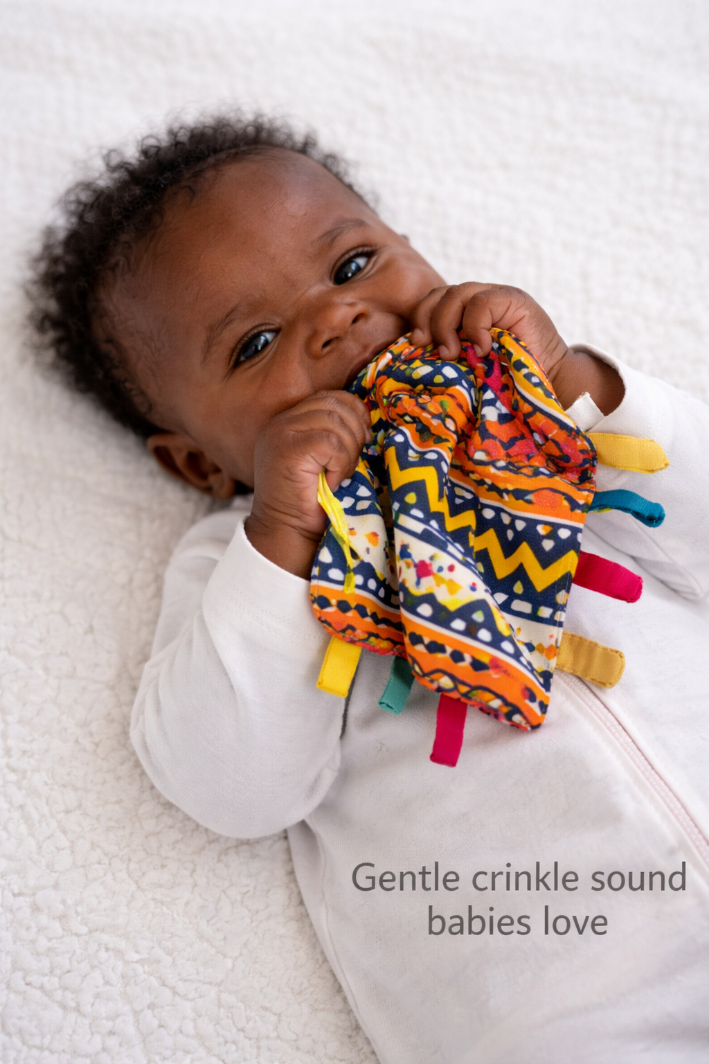 Baby enjoying AfriBloom crinkle sensory toy during playtime on soft bedding