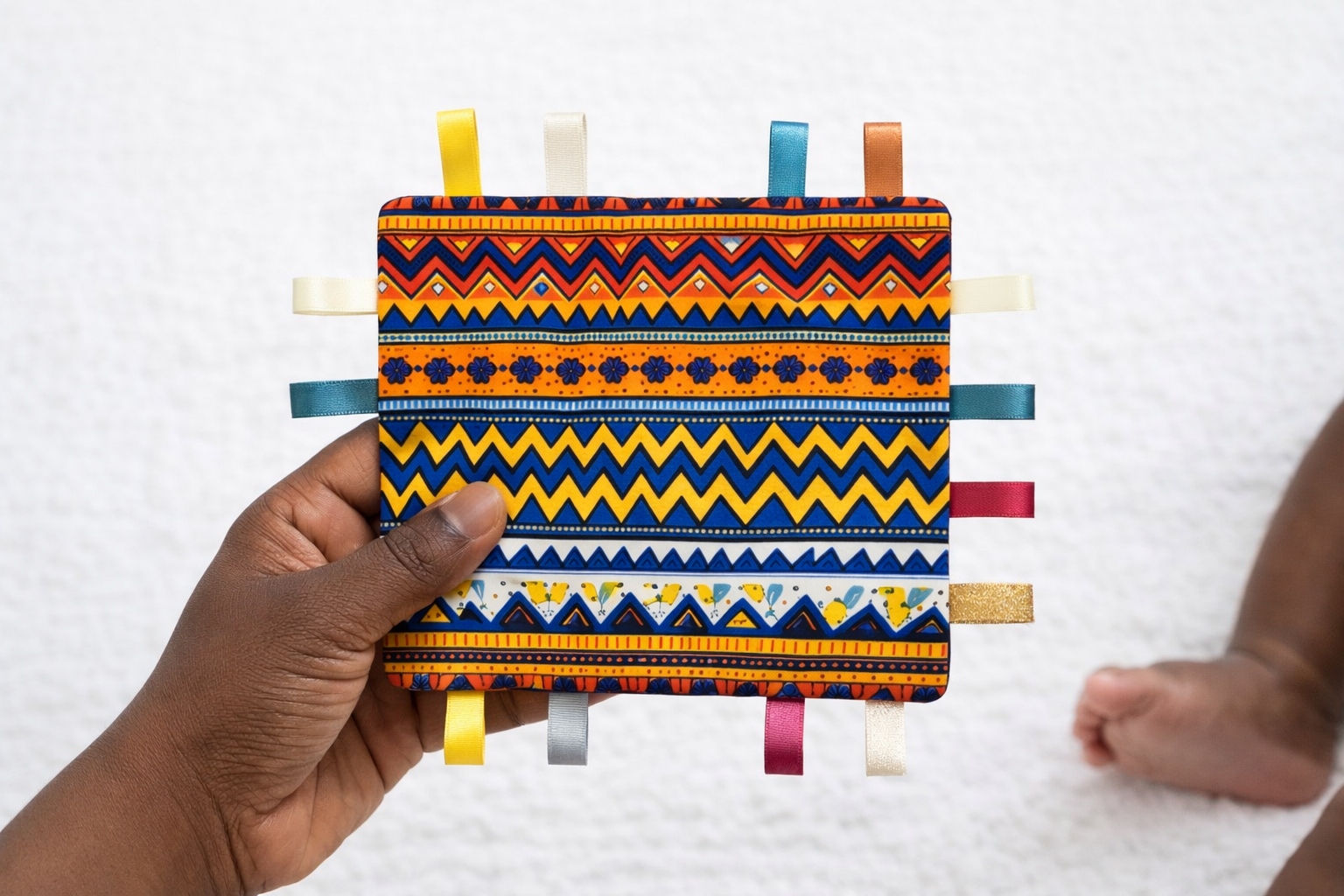 AfriBloom crinkle sensory baby toy held in an adult hand showing size