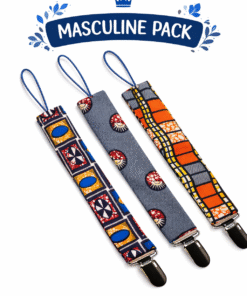Handmade African print pacifier holder set for boys – masculine pacifier clips with wax fabric, baby accessory gift